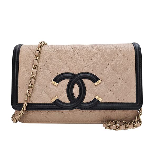 Chanel Caviar Quilted CC Filigree Wallet On Chain WOC Black Tan - Picture 1 of 11